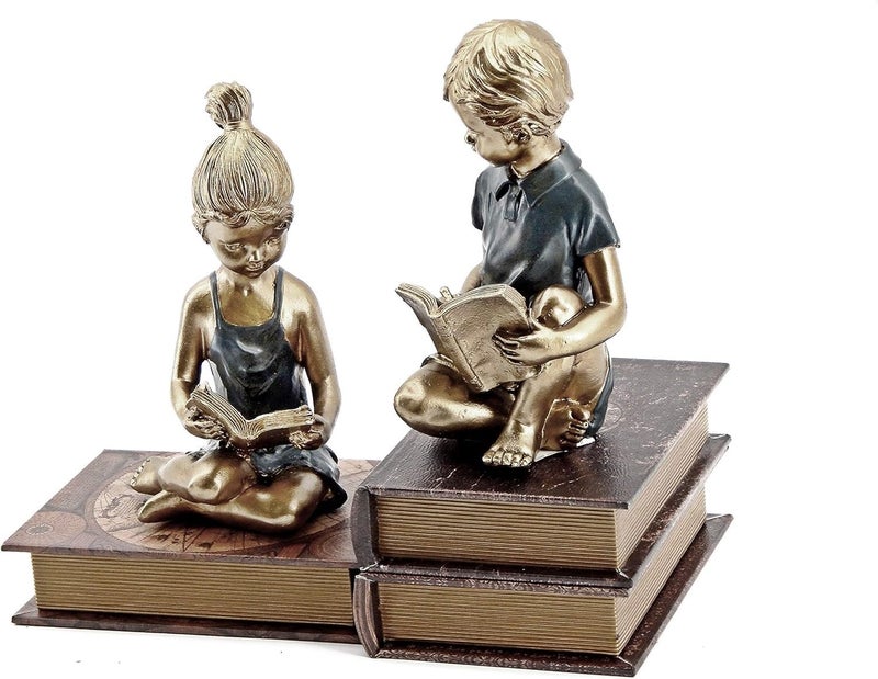 Bellaa 22951 Boy Girl Bookends Vintage Studious Reading Scholar Bookrack Stoppers for Heavy Duty Book Ends Holder Stand Decorative 8 inch - Image 3